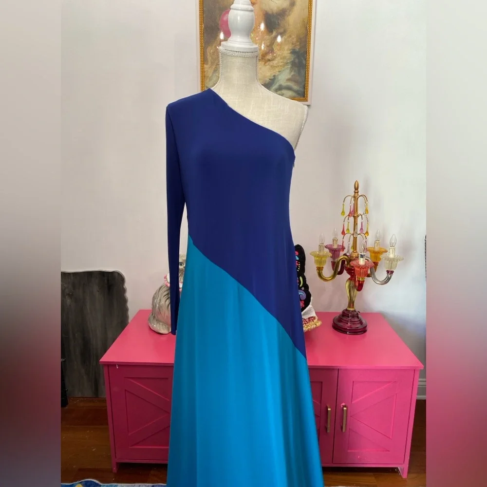 ❌SOLD❌HALSTON AJA GOWN SAPPHIRE BLUE TEAL ONE ARM LONG SLEEVE SOLD OUT SIZE 8 - Picture 7 of 12